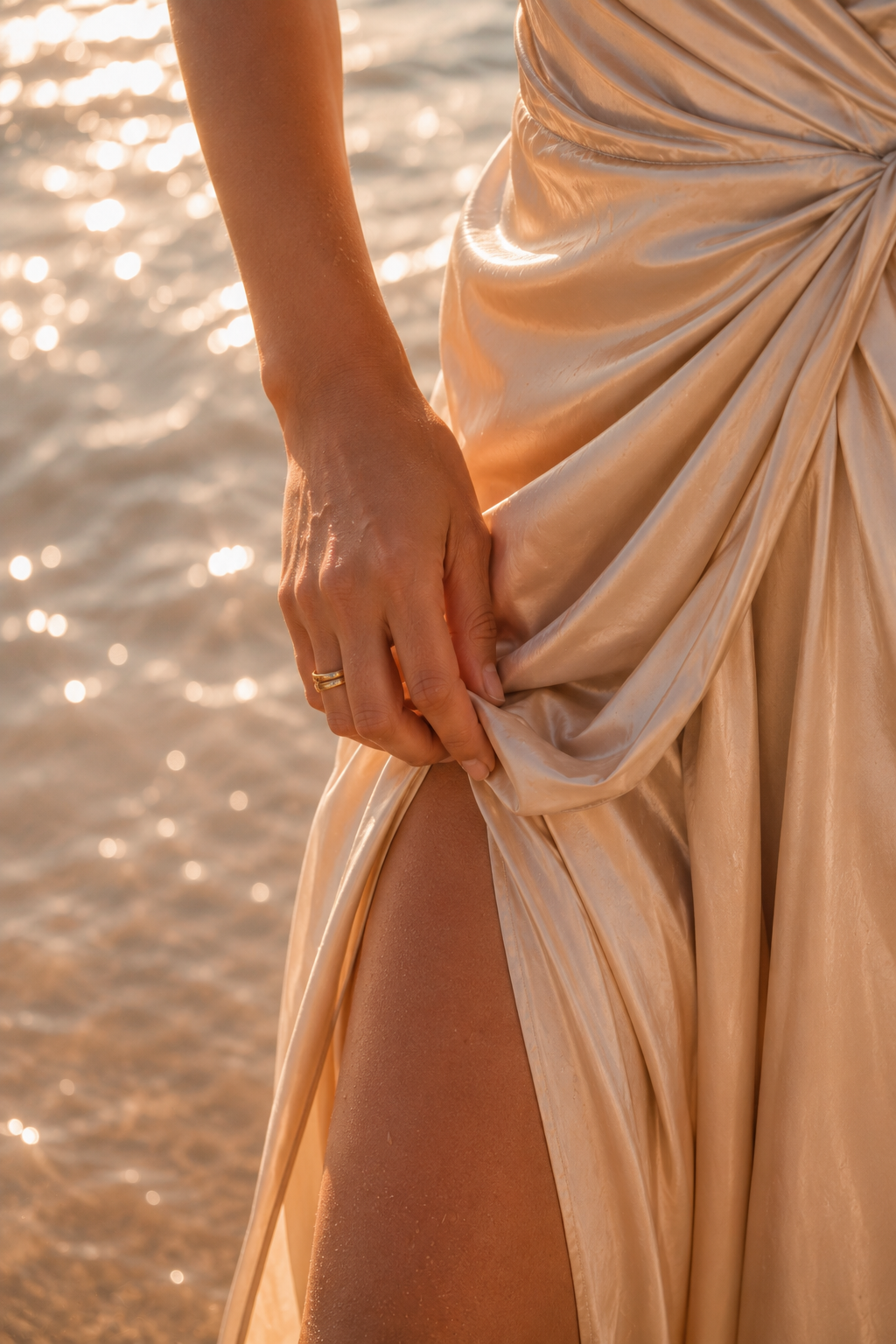 Detail of the champagne satin dress