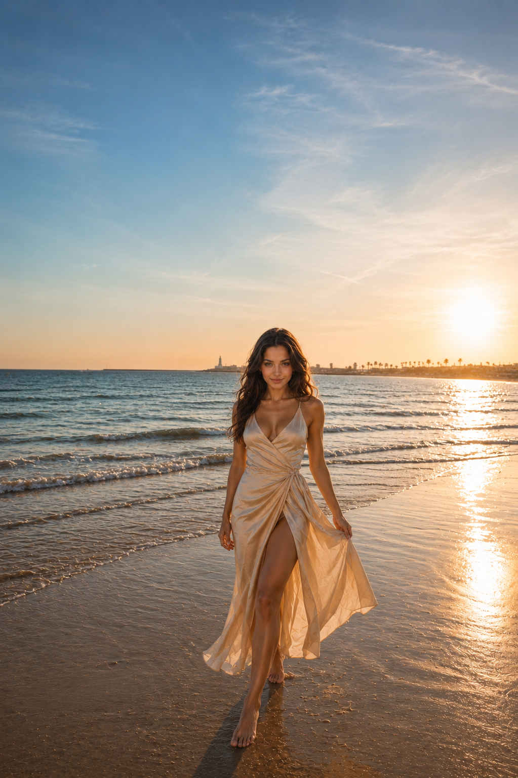 Eve walking along the Mediterranean shoreline