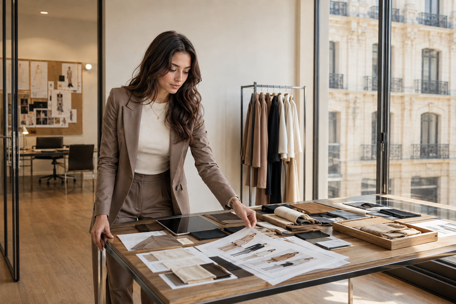 Eve Blue working at the fashion studio table