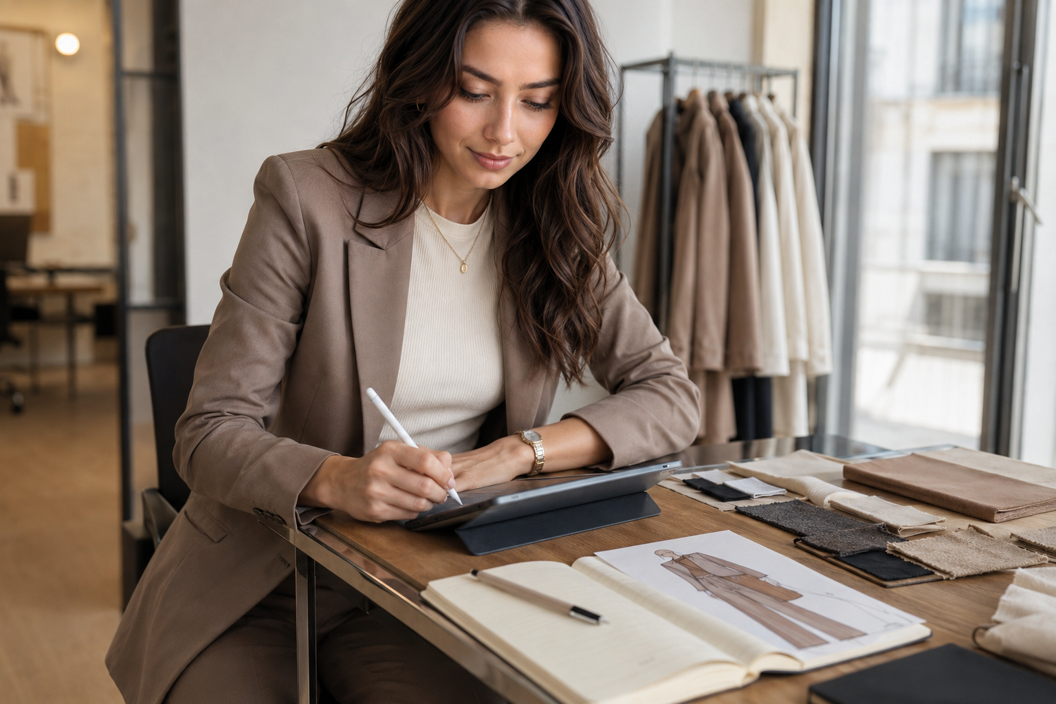 Eve Blue refining a design on a tablet