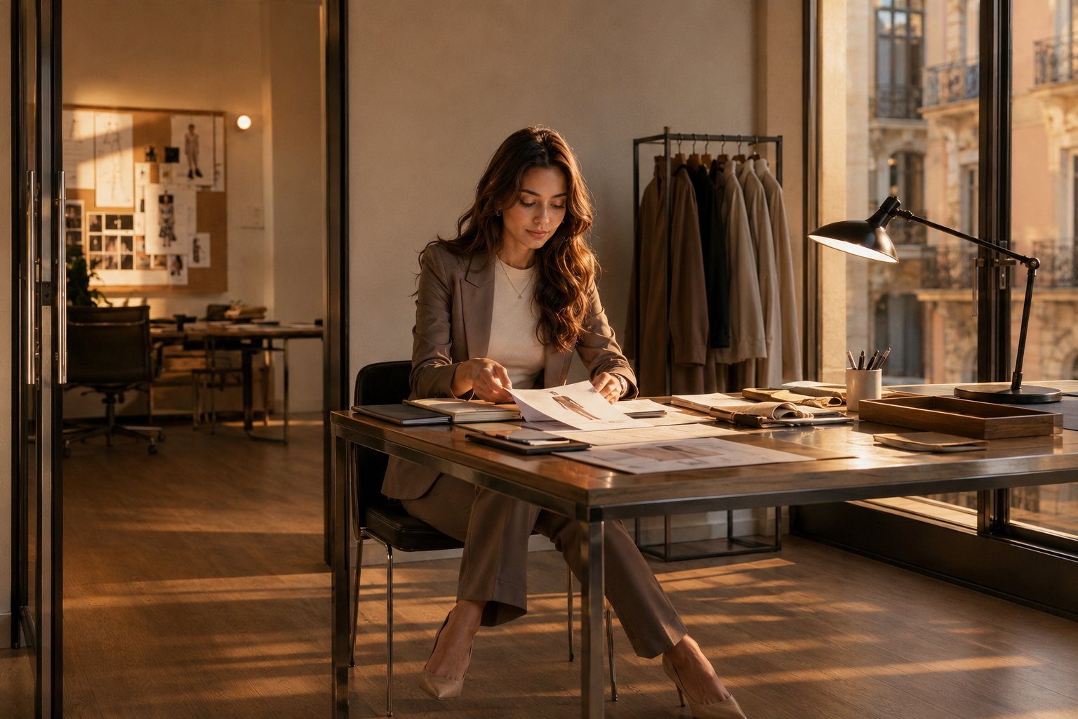 Eve Blue at her desk at golden hour