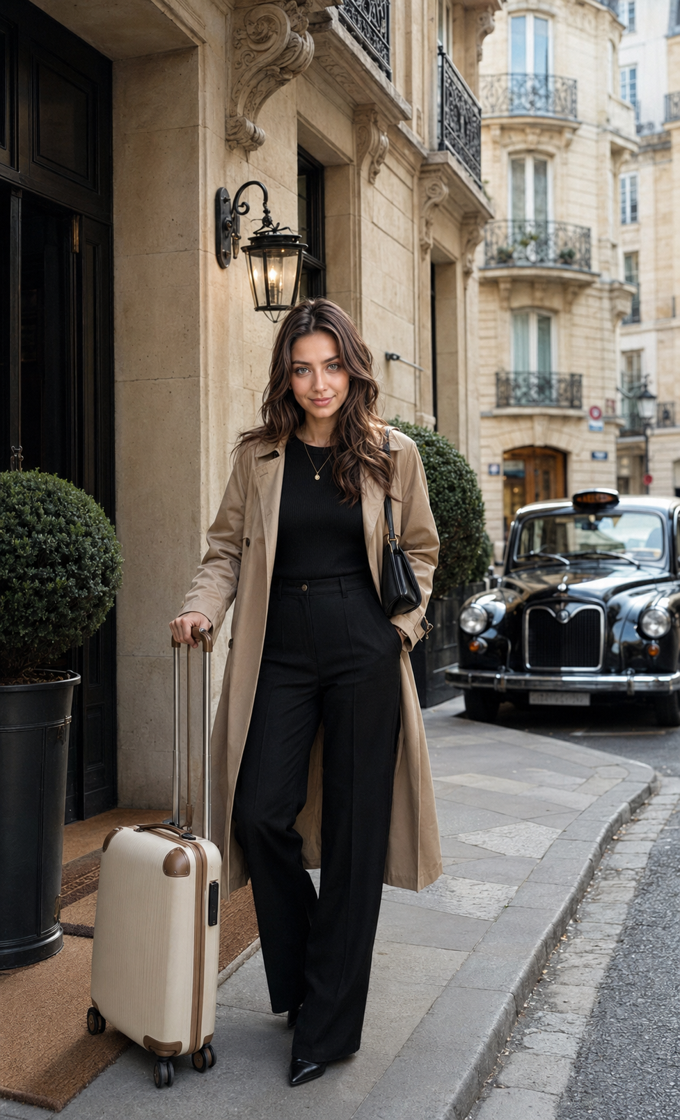 Eve Blue arriving at a Paris boutique hotel