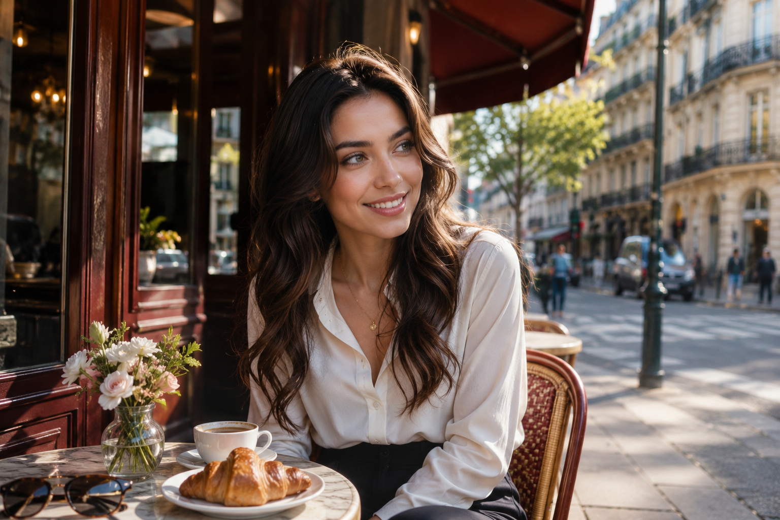 Eve Blue having breakfast at a Parisian café