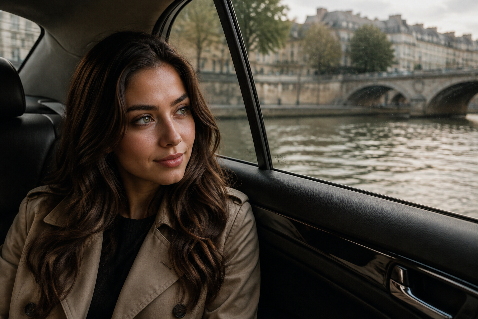 Eve Blue travelling beside the Seine in a Paris taxi
