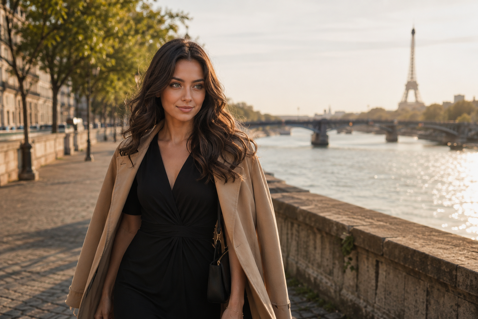 Eve Blue walking beside the Seine at golden hour