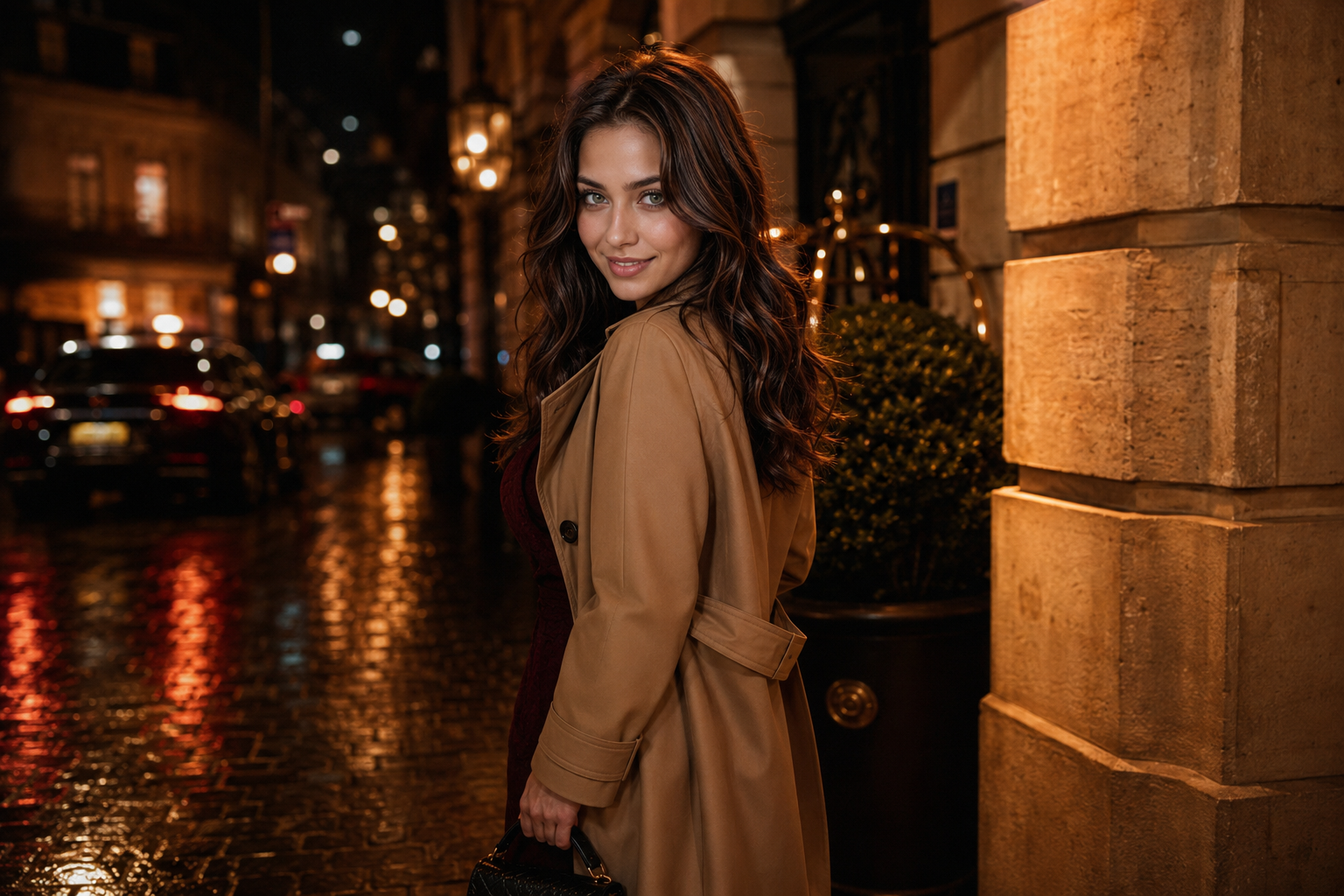 Eve Blue returning to her Paris hotel at night
