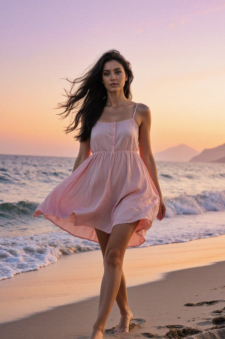 Eve in a pink dress by the sea at sunset